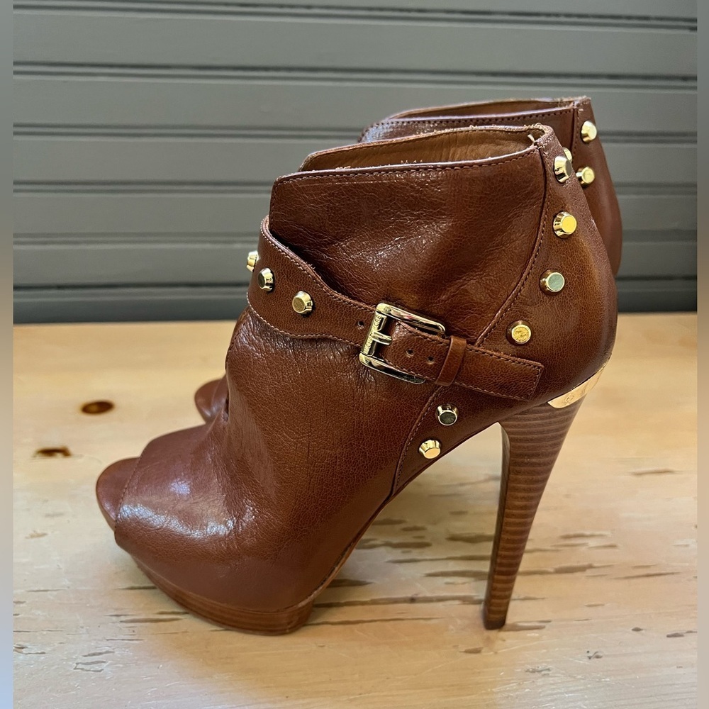 Michael Kors Women Ailee Brown Ankle Boots Size 7 M Open Toe Peep Gold Studded - Picture 5 of 13
